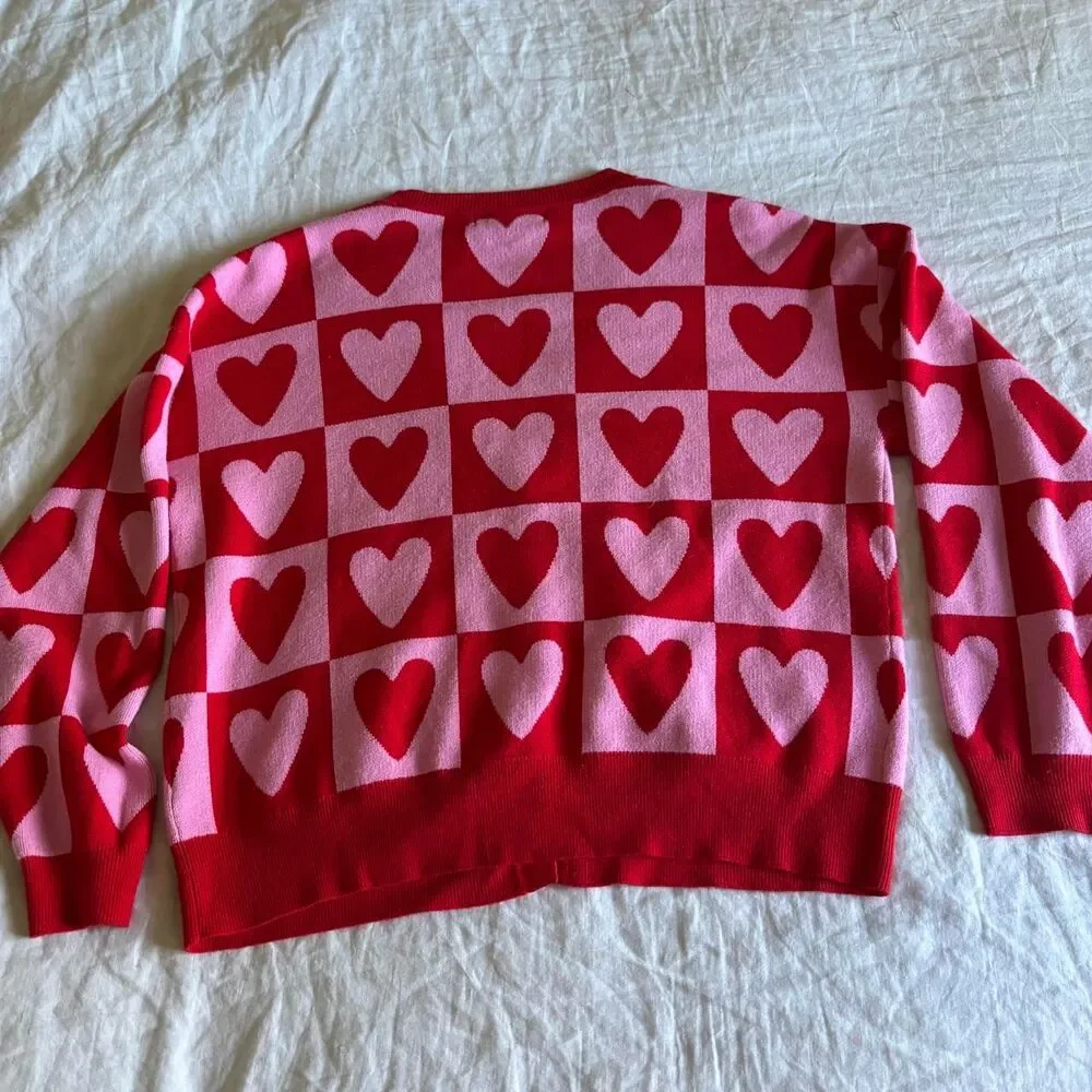 33 Degrees Pink and Red Checkered Heart Pattern Cardigan Sweater Size Large - Picture 7 of 7